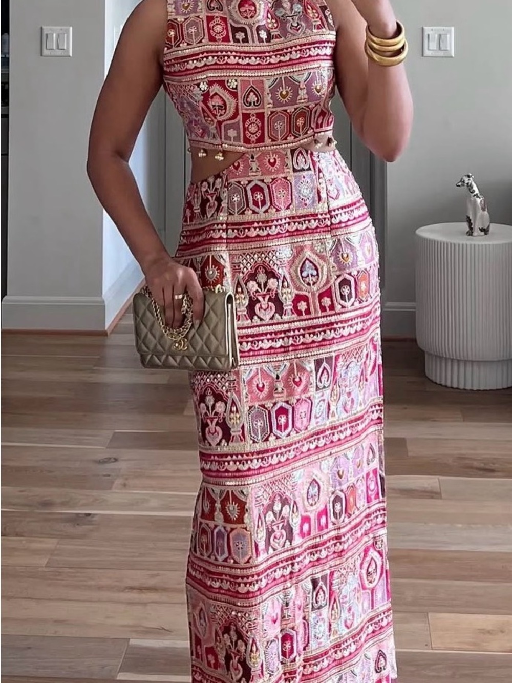 Sleeveless Pink Patterned Maxi Dress with Cutout
